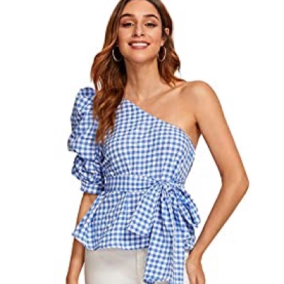 EEUC ROMWE One Shoulder Puff Sleeve Gingham Top - Picture 2 of 13